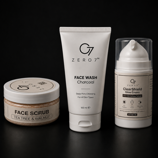 ZERO7 Complete Skincare Set – Charcoal Face Wash, Tea Tree & Walnut Face Scrub & ClearShield Glow Cream